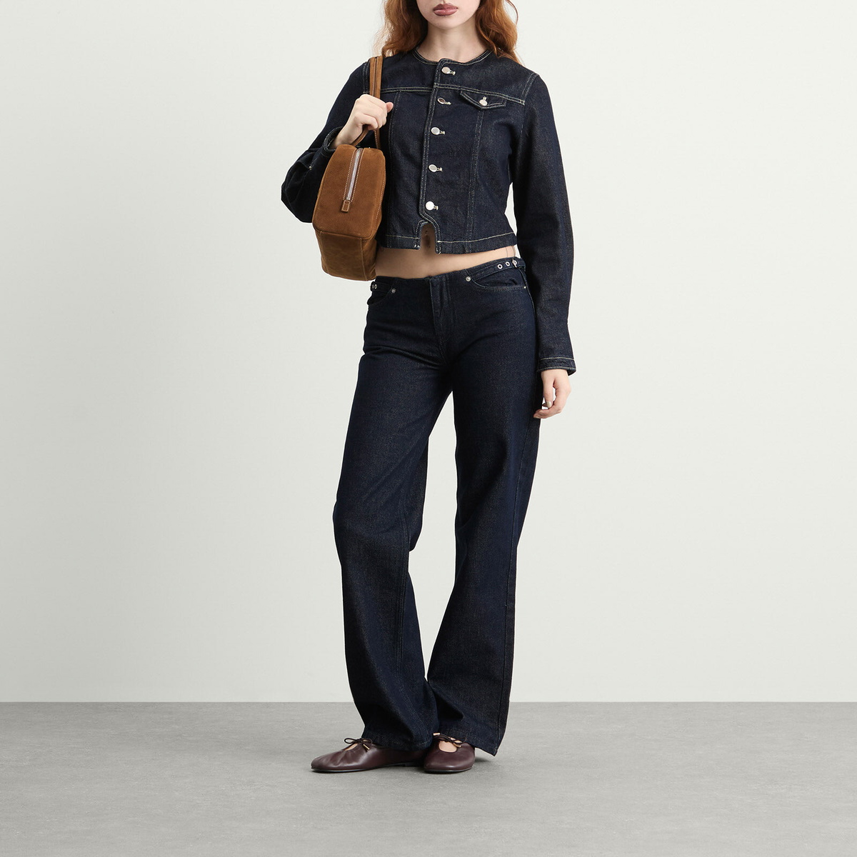 Peachy Den Women's Goldie Collarless Denim Jacket in Indigo Rinse