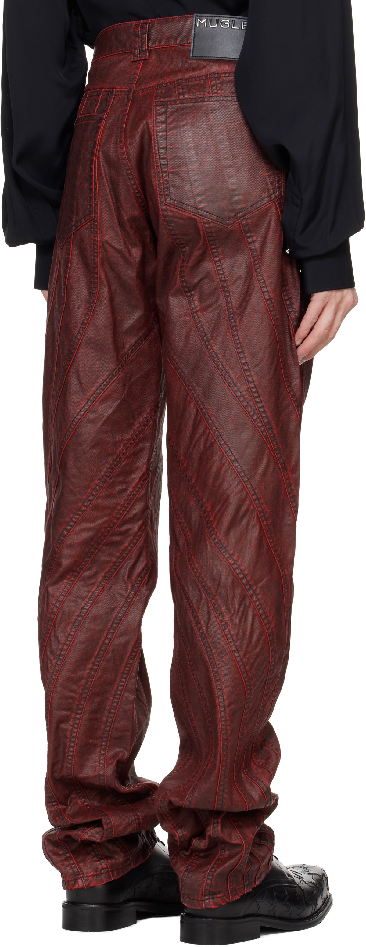Mugler Burgundy Waxed Spiral Baggy Jeans