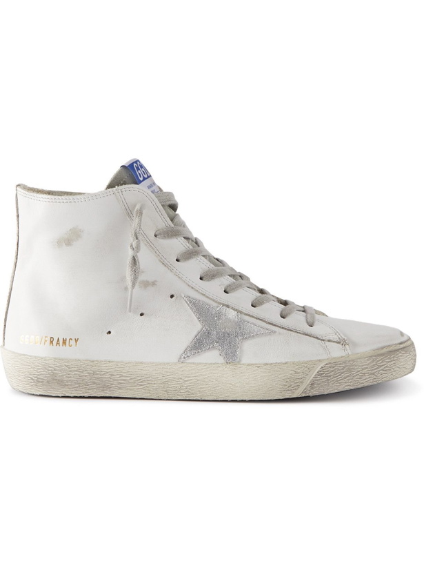 Photo: Golden Goose - Francy Distressed Leather High-Top Sneakers - White