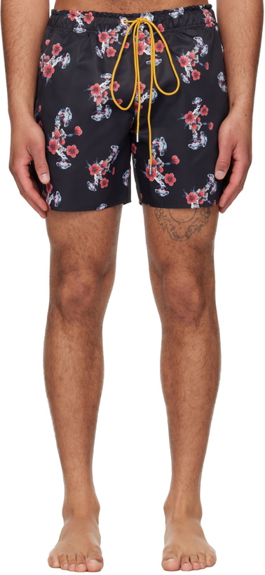 Photo: Rhude Black & Red Turbo Floral Swim Shorts