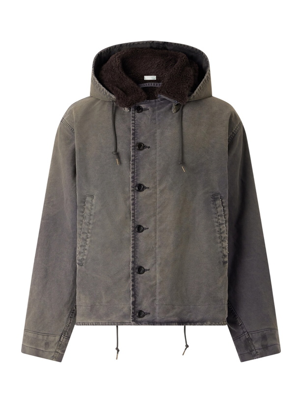 Photo: A.PRESSE - Fleece-Lined Distressed Cotton-Canvas Hooded Jacket - Gray