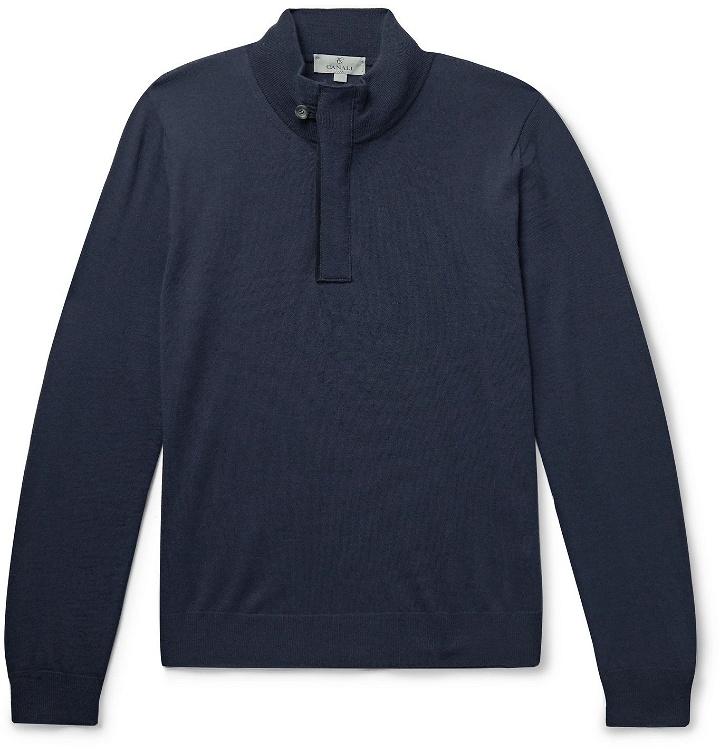 Photo: Canali - Slim-Fit Suede-Trimmed Wool Half-Zip Sweater - Blue
