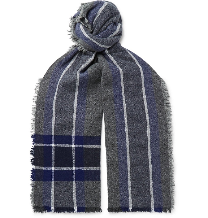 Photo: Begg & Co - Beaufort Fringed Checked Wool and Cashmere-Blend Scarf - Gray