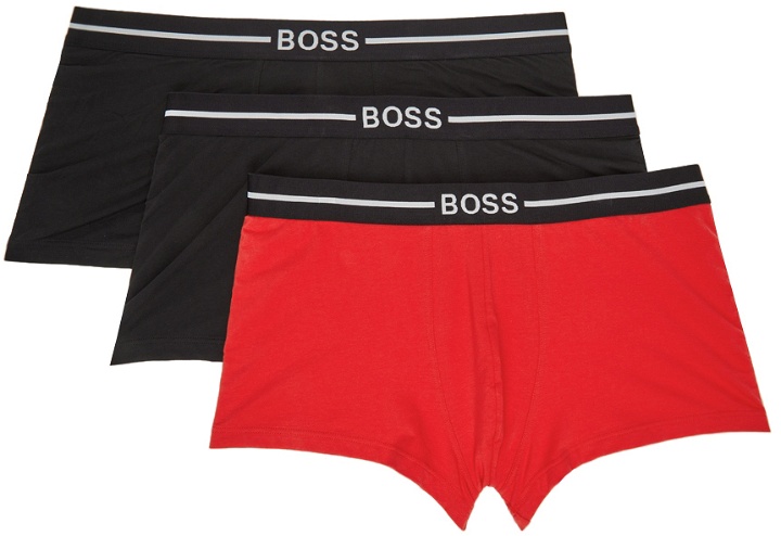 Photo: Boss Three-Pack Black & Red Organic Cotton Boxers