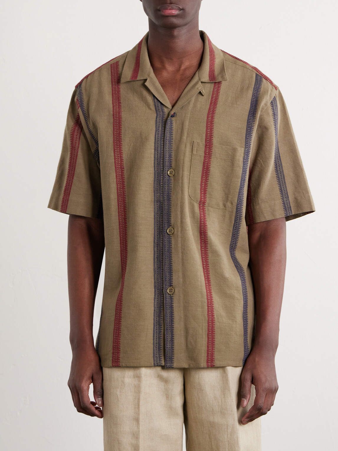 Kardo - Ronen Camp-Collar Striped Jacquard-Knit Cotton Shirt - Green