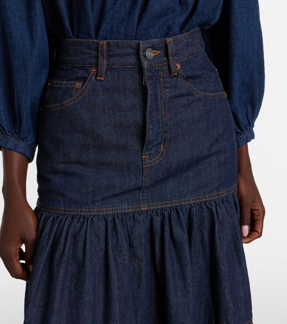 Saint Laurent Tiered denim maxi skirt