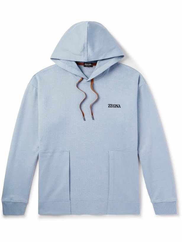 Photo: Zegna - Logo-Embroided Cotton-Jersey Hoodie - Blue