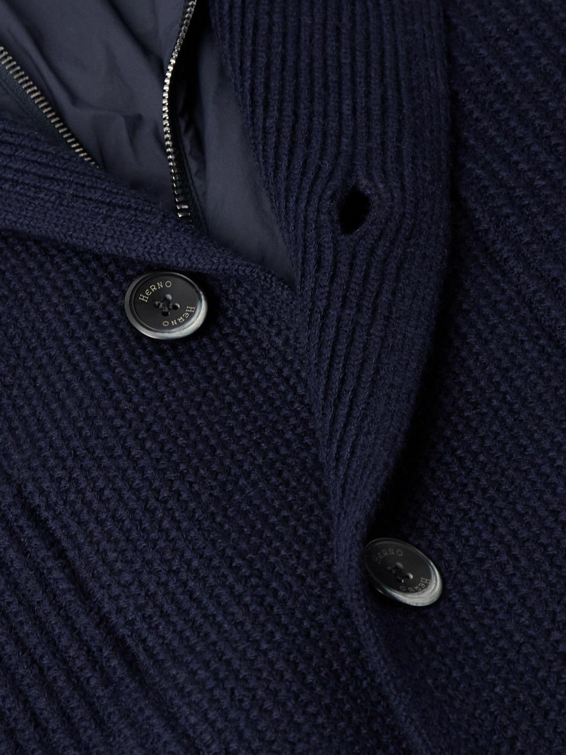 Herno - Layered Shawl-Collar Ribbed Wool and Stretch-Nylon Hooded Jacket - Blue