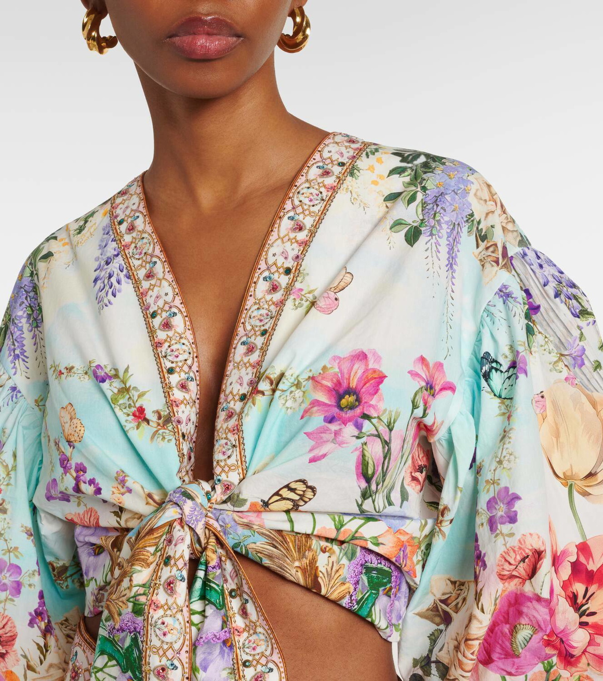 Camilla Tie-front puff-sleeve crop top