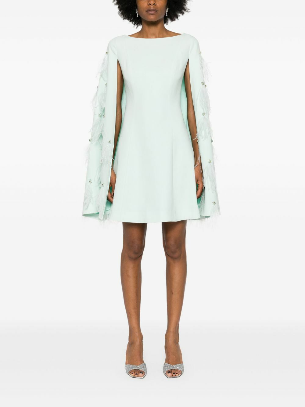 Huishan Zhang Green Feather-Embellished Cape Mini Dress Huishan Zhang