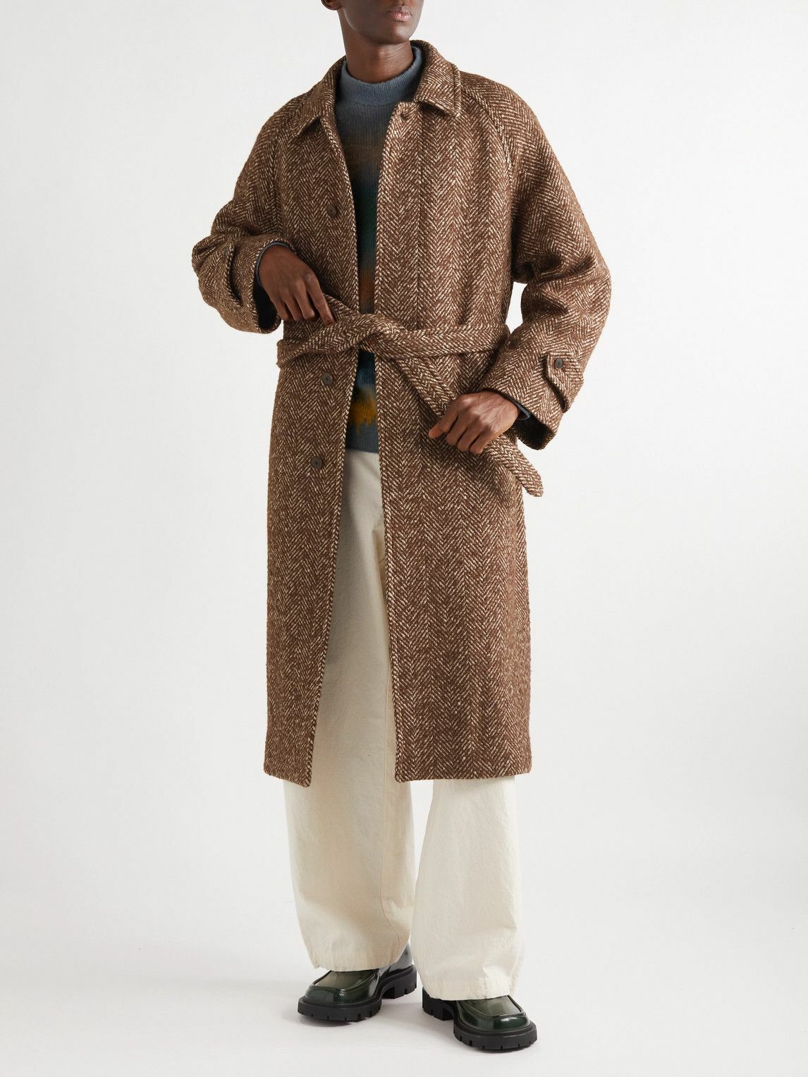 Auralee - Belted Herringbone Wool, Alpaca and Silk-Blend Coat