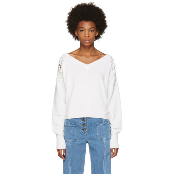 Photo: Chloe White Lace Shoulder V-Neck Sweater