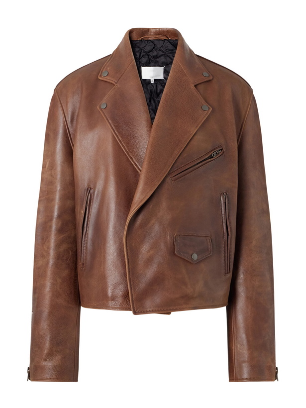 Photo: Maison Margiela - Cropped Distressed Full-Grain Leather Biker Jacket - Brown