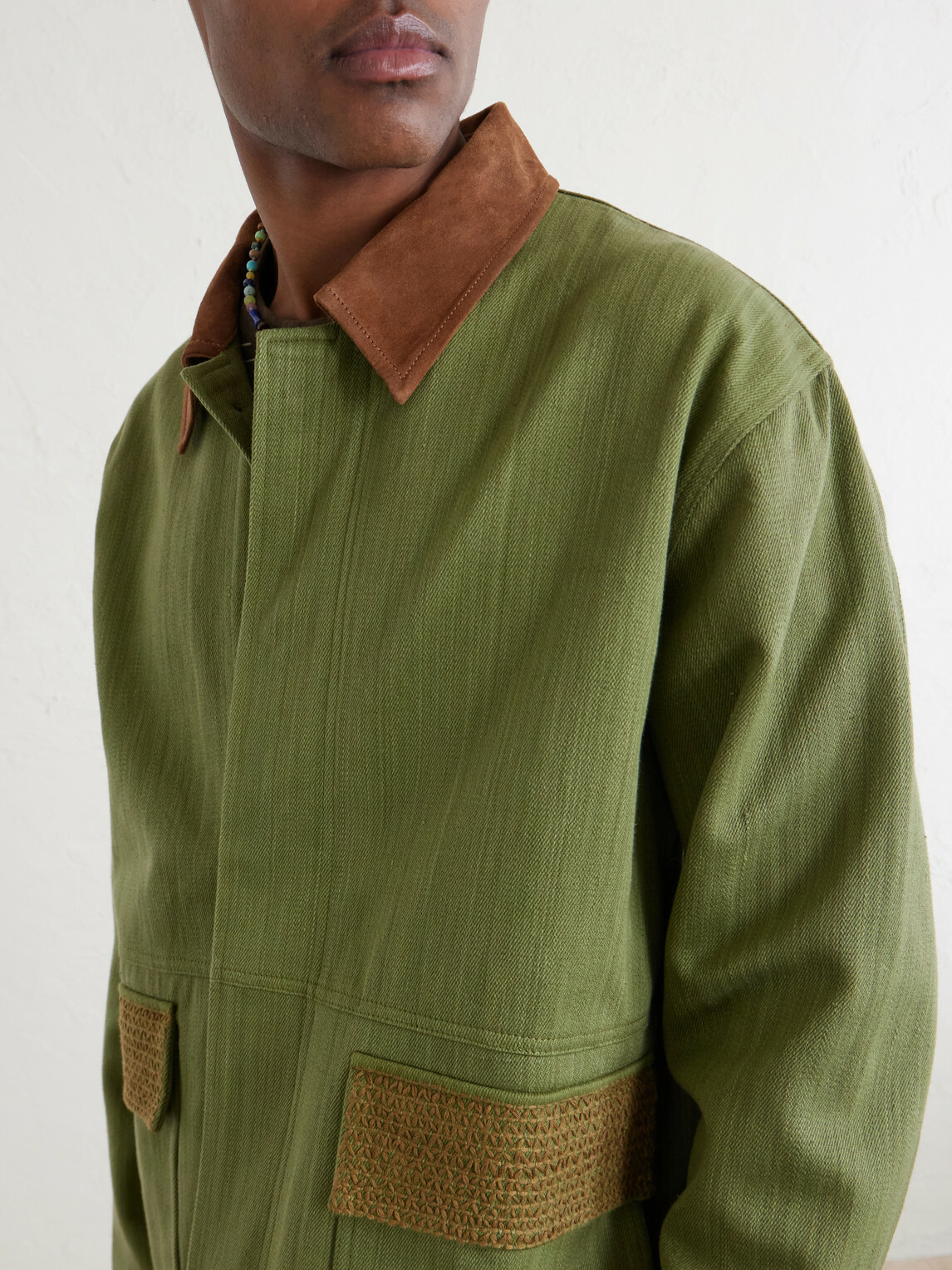 Kartik Research - Jodhpur Embroidered Suede-Trimmed Cotton Jacket - Green