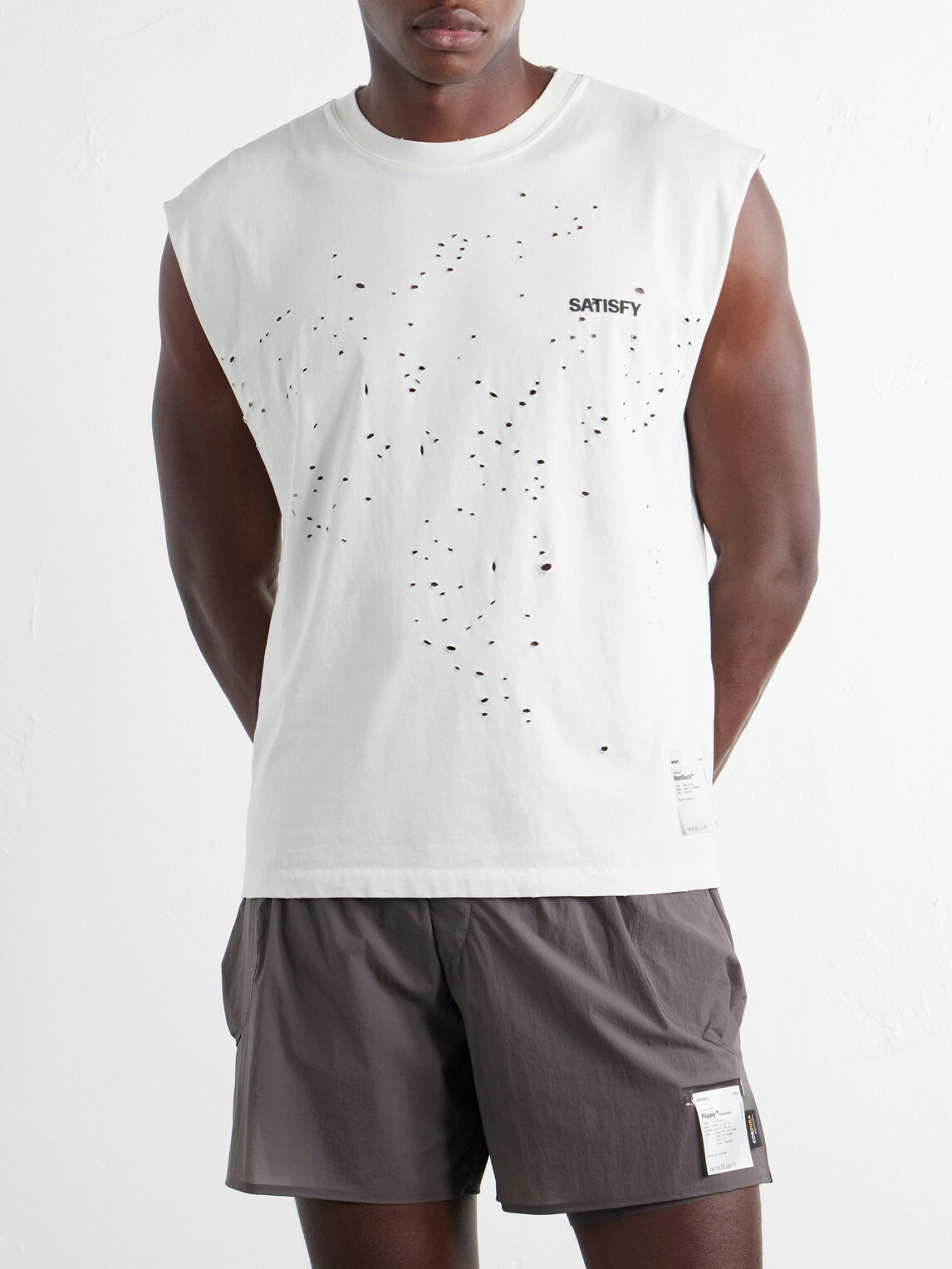 Satisfy - Distressed Logo-Print MothTech™ Organic Cotton-Jersey Tank Top - Neutrals