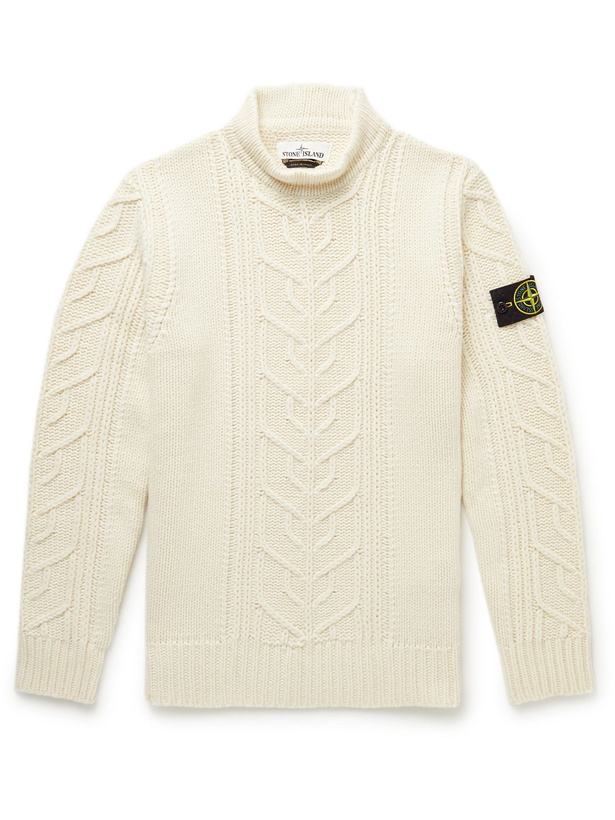 Photo: Stone Island - Logo-Appliquéd Cable-Knit Wool-Blend Mock-Neck Sweater - Neutrals