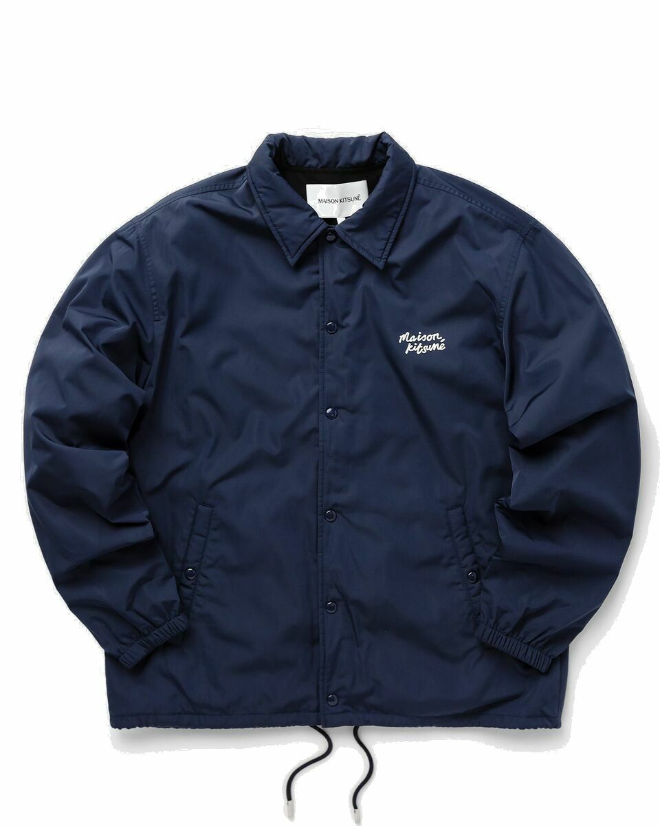 Photo: Maison Kitsune Coach Jacket In Nylon With Logo Handwriting Print Blue - Mens - Windbreaker