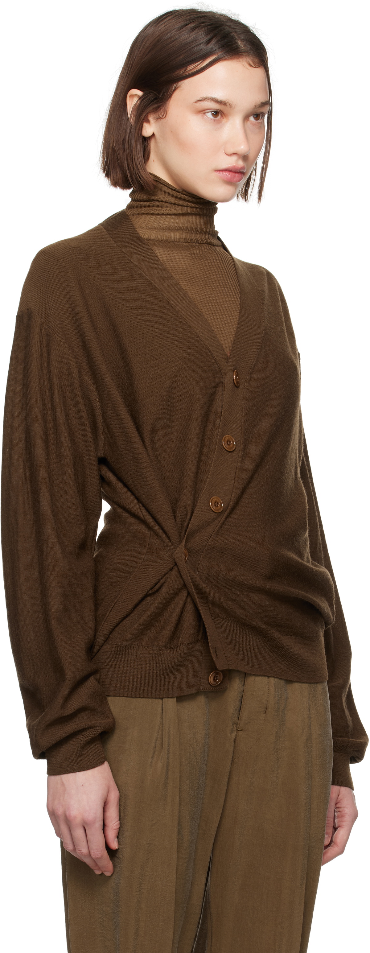 Twisted scarf-detail wool-blend cardigan in brown - Lemaire