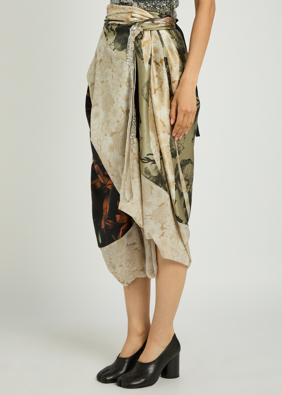 Maison Margiela Floral-print Asymmetric Silk Midi Wrap Skirt Brown