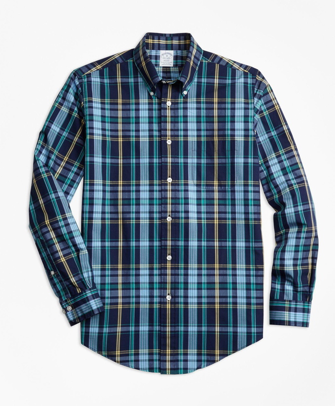 Photo: Brooks Brothers Men's Regent Regular-Fit Sport Shirt, Slub Cotton Dark-Blue Plaid | Dark Blue