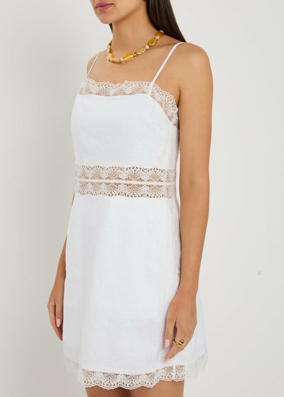 Staud Amalina Lace and Linen Mini Dress White