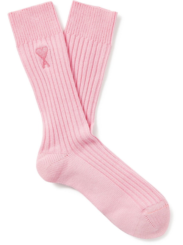 Photo: AMI PARIS - Logo-Embroidered Ribbed Cotton-Blend Socks - Pink