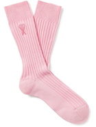 AMI PARIS - Logo-Embroidered Ribbed Cotton-Blend Socks - Pink