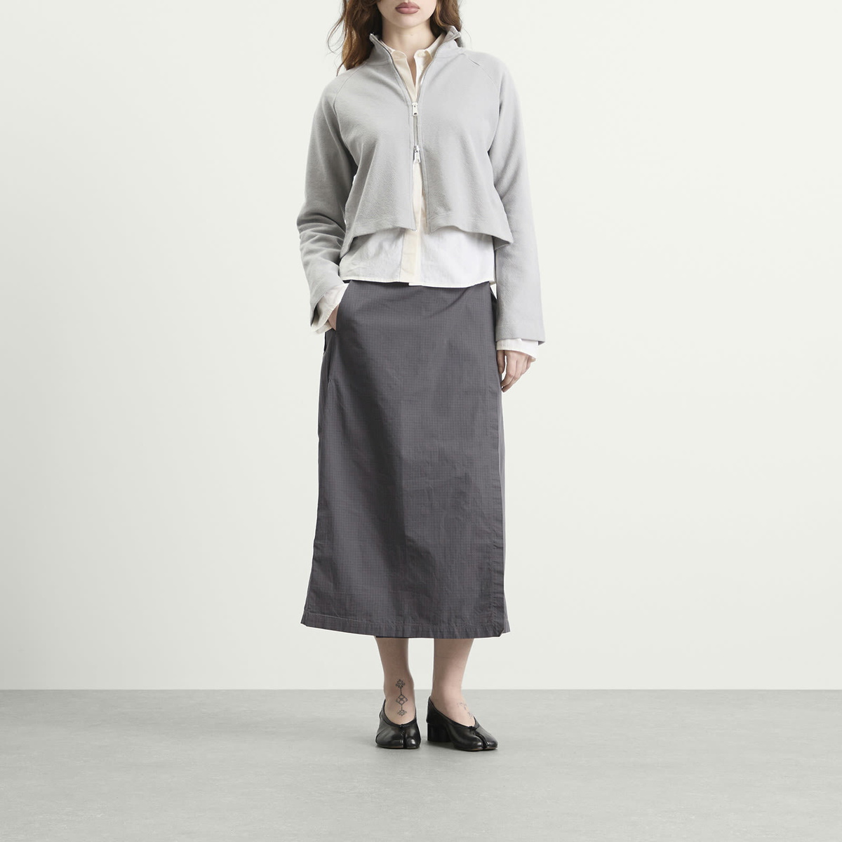 mfpen Women's Cropped Leisure Zip Up in Mineral Grey Needle Jump