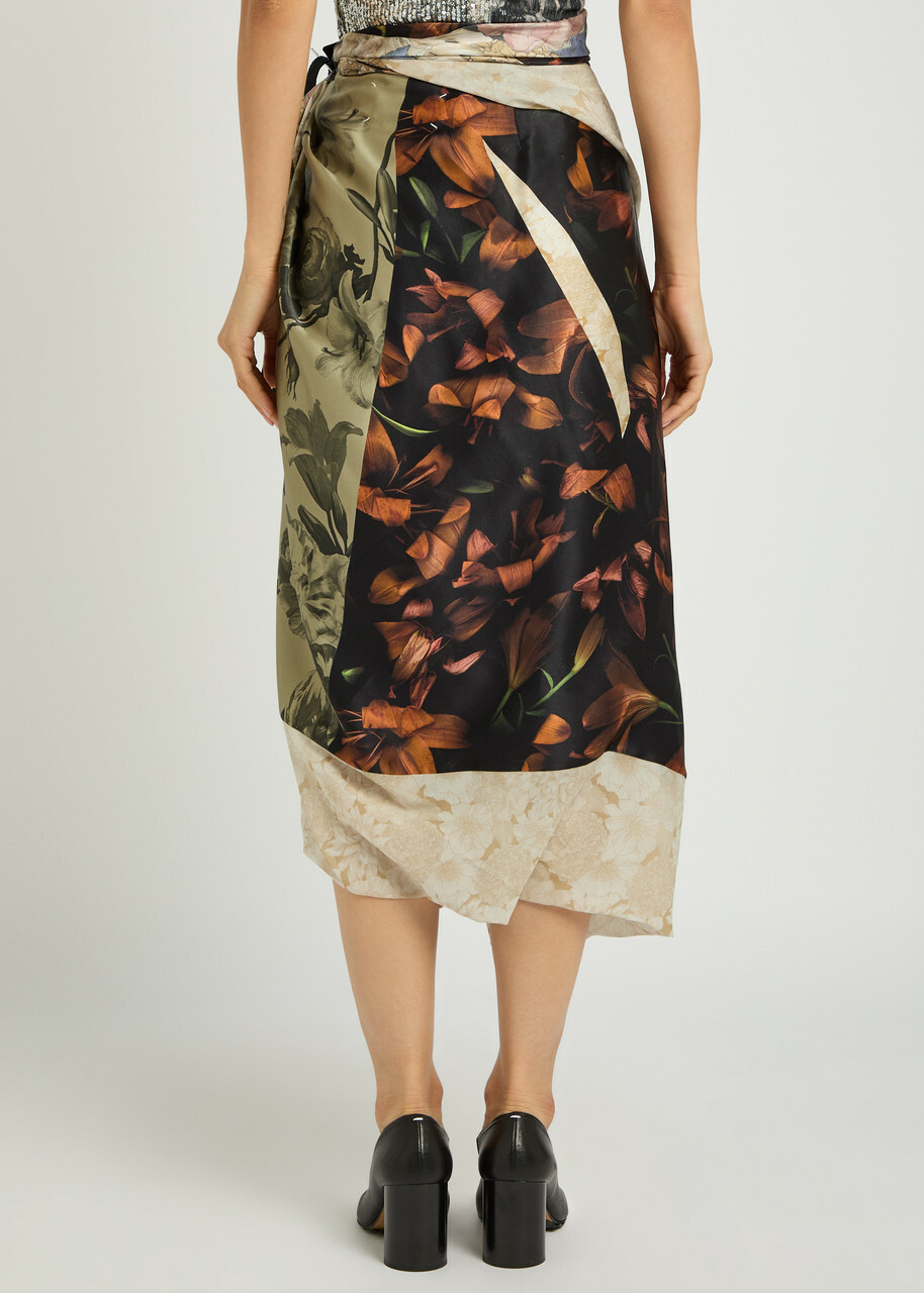Maison Margiela Floral-print Asymmetric Silk Midi Wrap Skirt Brown