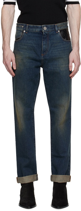 Photo: Balmain Blue Leather Pocket Jeans
