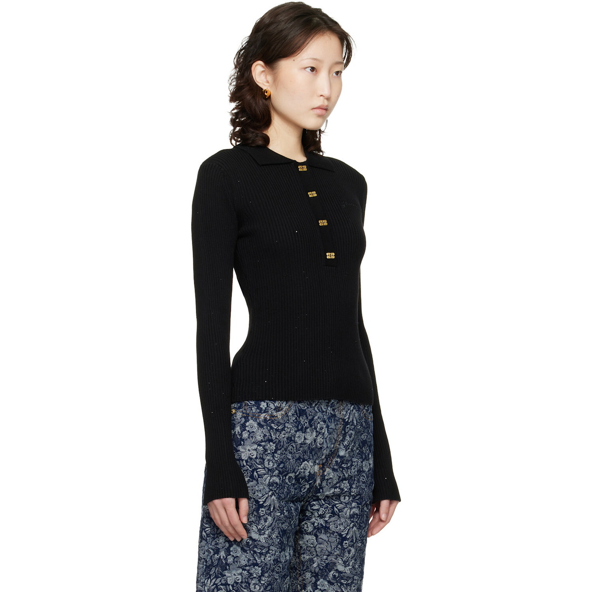 GANNI Black Fine Sequin Knitted Polo