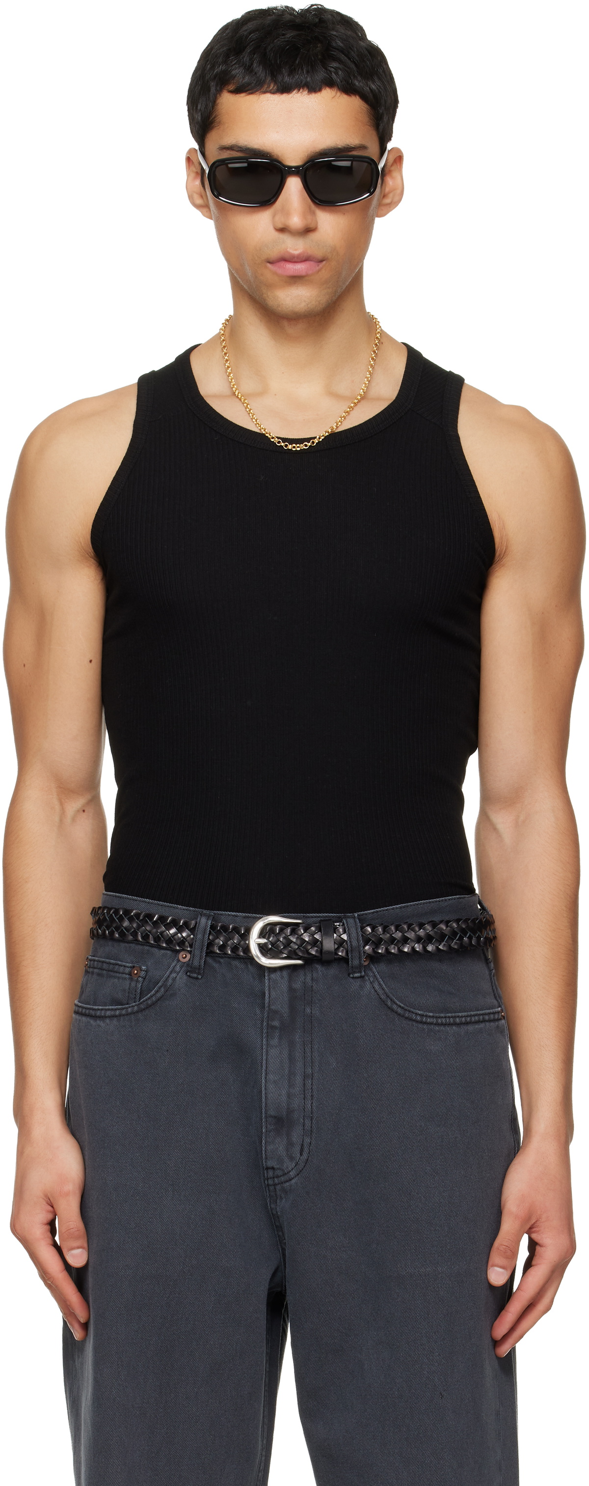 TONYWACK Black Silk Lyocell Rib Tank Top