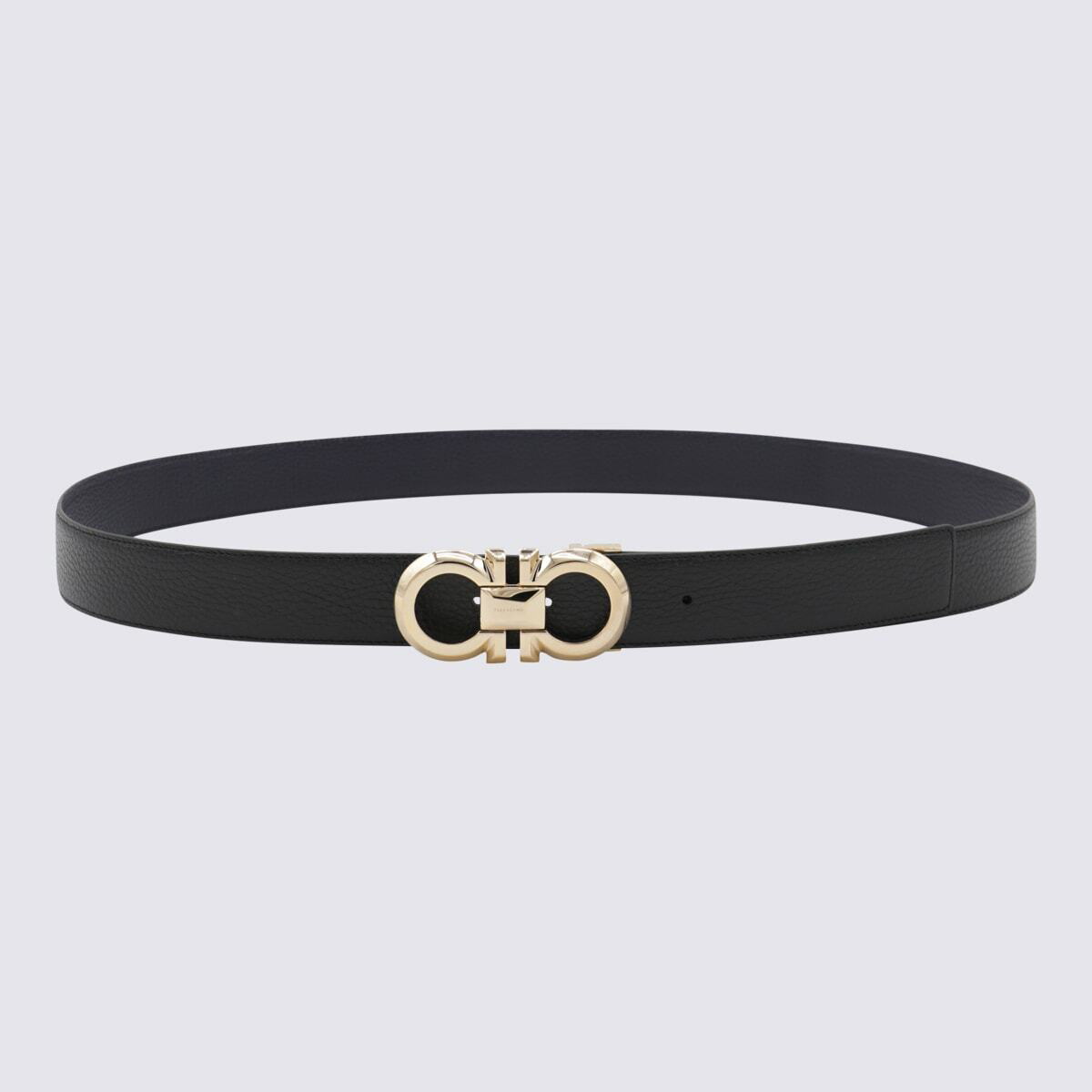 Ferragamo Black And Midnight Blue Leather Belt Salvatore