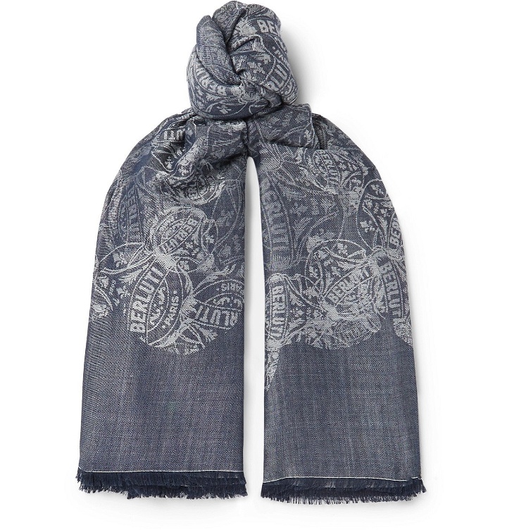 Photo: Berluti - Frayed Logo-Intarsia Wool, Mulberry Silk and Cotton-Blend Scarf - Gray