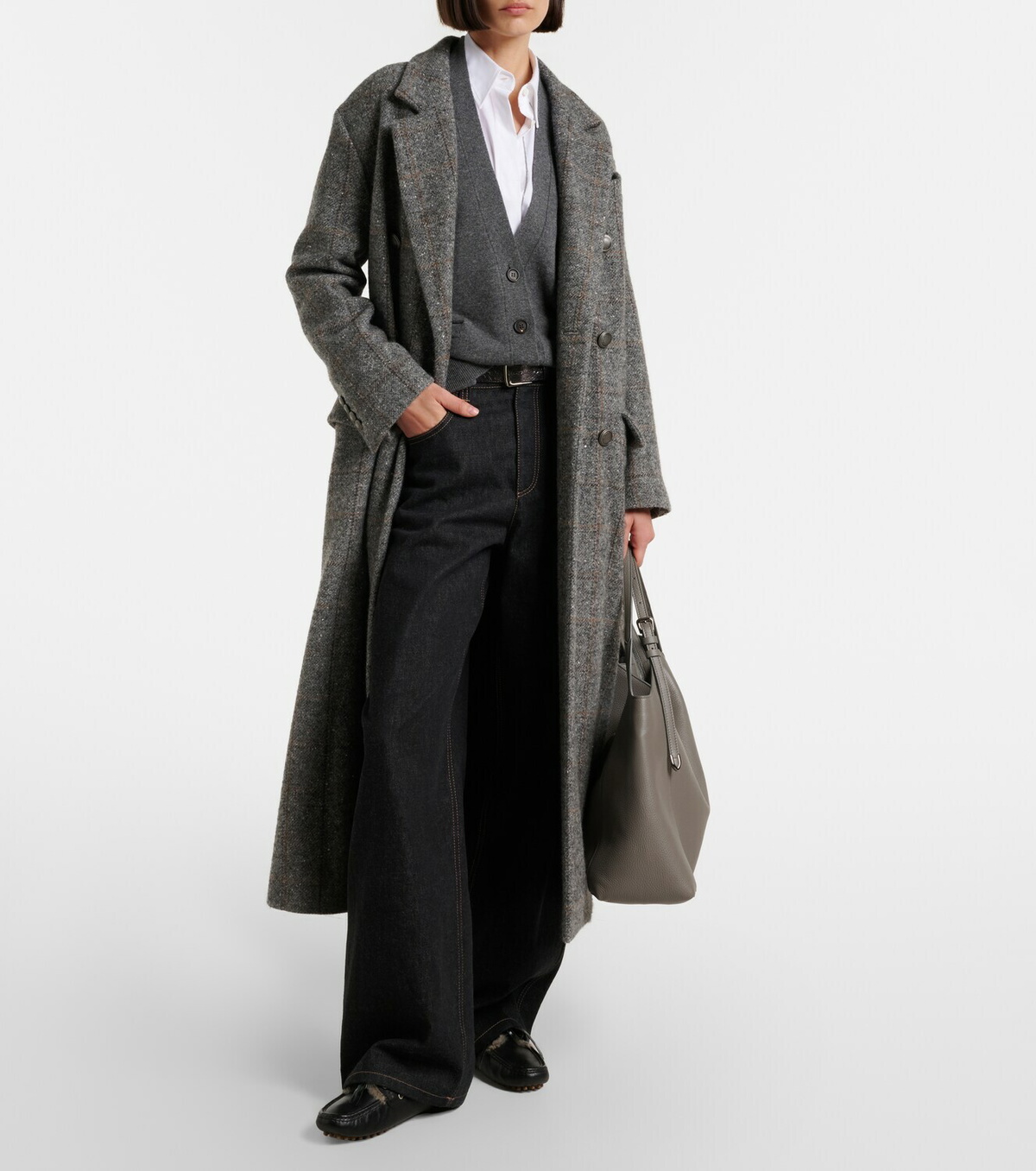 Brunello Cucinelli Leather-trimmed wide-leg jeans