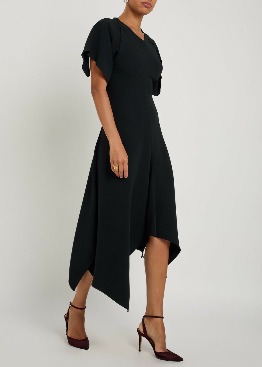 Victoria Beckham Asymmetric Crepe Midi Dress Black
