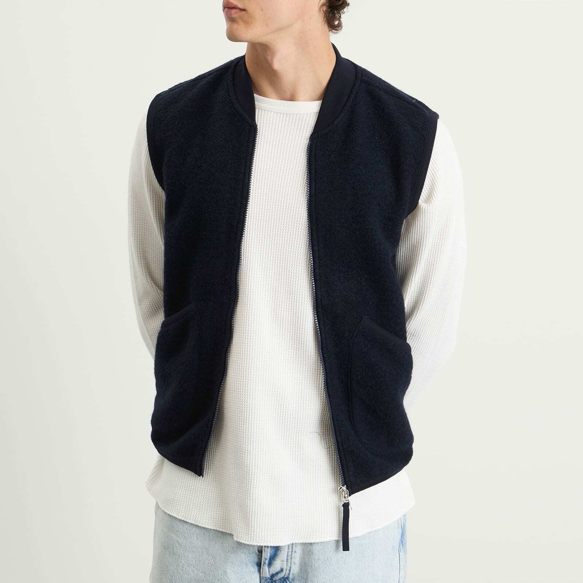 Universal Works Men's Wool Fleece Zip Waistcoat in Navy