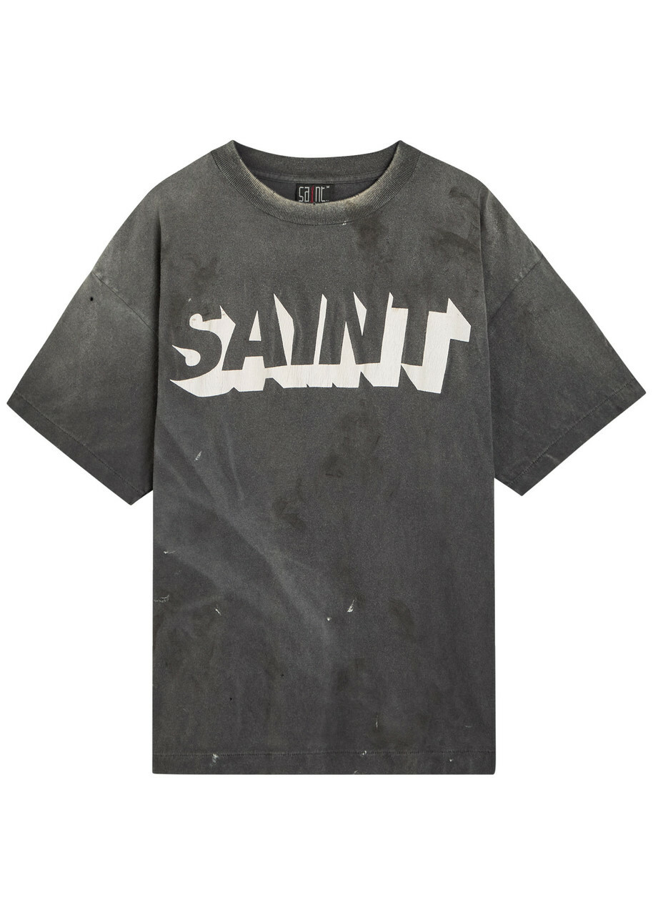 Saint Mxxxxxx Alpha Logo-print Distressed Cotton T-shirt Black