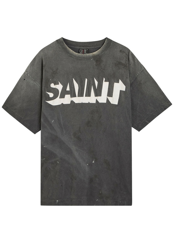 Photo: Saint Mxxxxxx Alpha Logo-print Distressed Cotton T-shirt Black