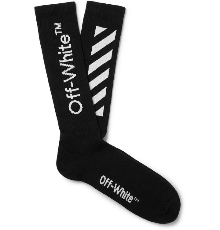 Photo: Off-White - Ribbed Logo-Intarsia Stretch Cotton-Blend Socks - Black