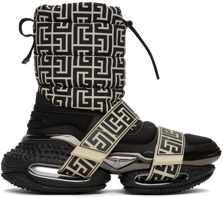 Photo: Balmain Black & Off-White Monogram Strap B-Bold Boots
