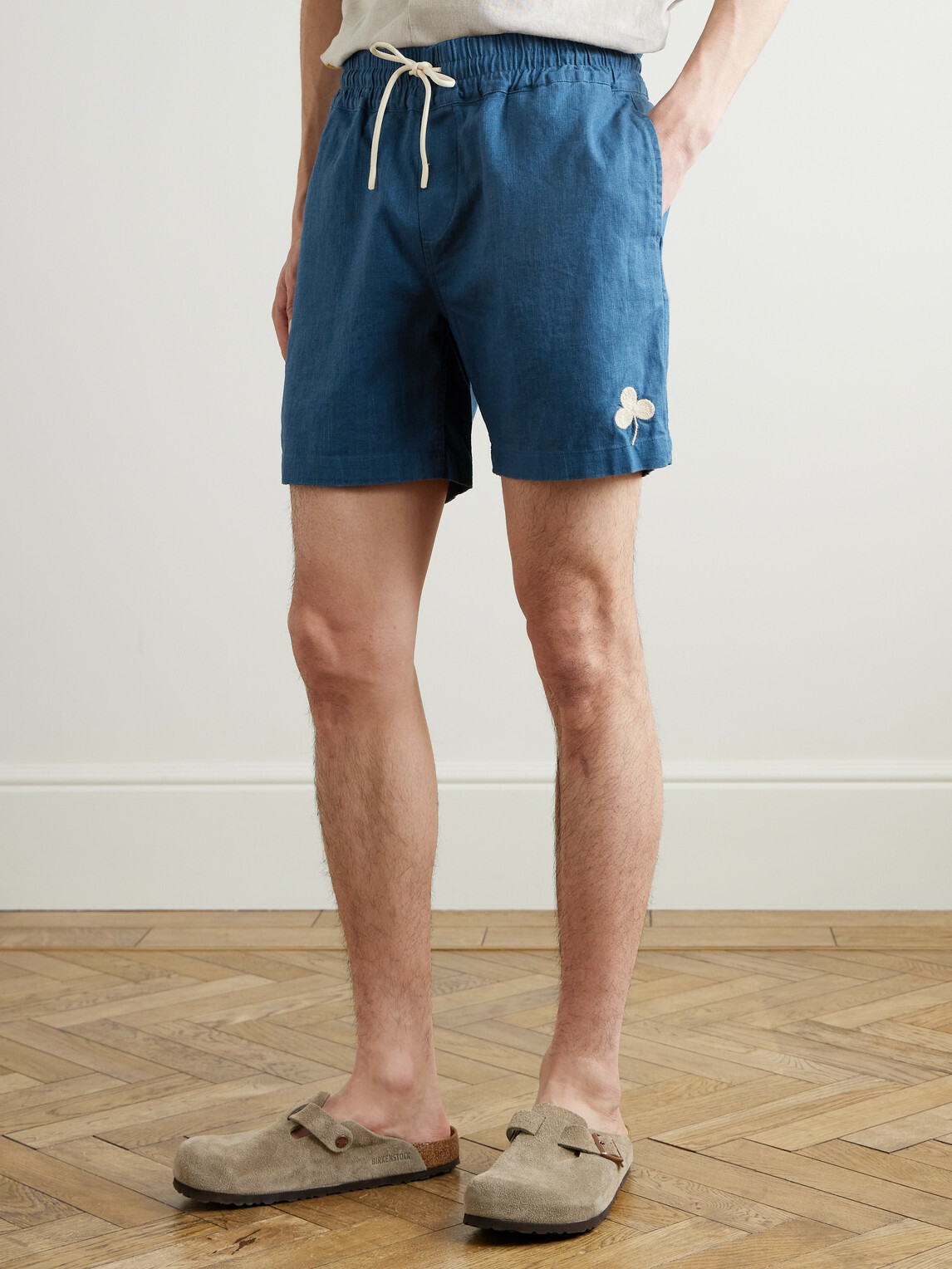 Portuguese Flannel - Straight-Leg Embroidered Ramie Drawstring Shorts - Blue
