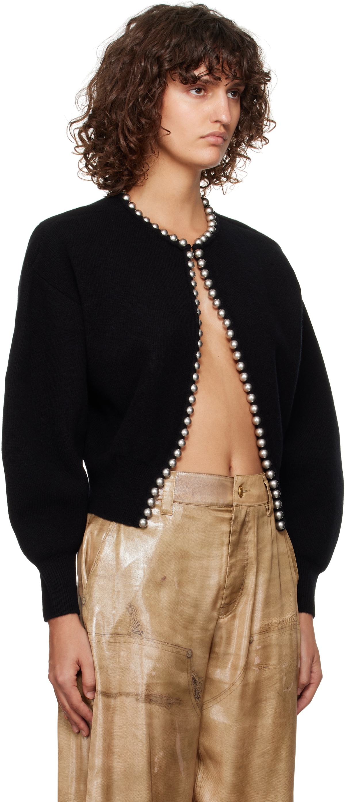 Alexander Wang Black Crewneck Ball Chain Trim Cardigan