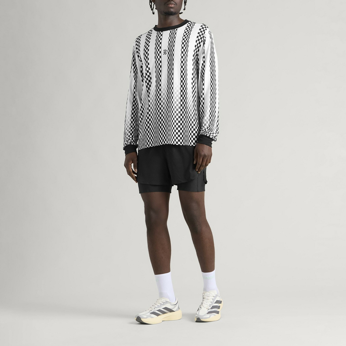 Bandit Men's Micromesh™ Long Sleeve Performance T-Shirt in Checkerboard Stripe - Stone White