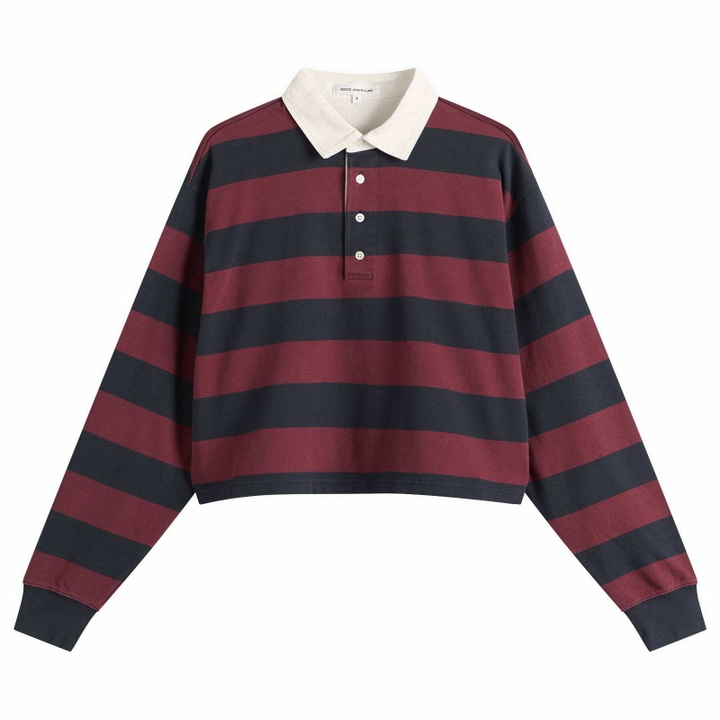 Photo: Good American Women's Cropped Rugby Polo Top in Navy Berry Noir Block Stripe