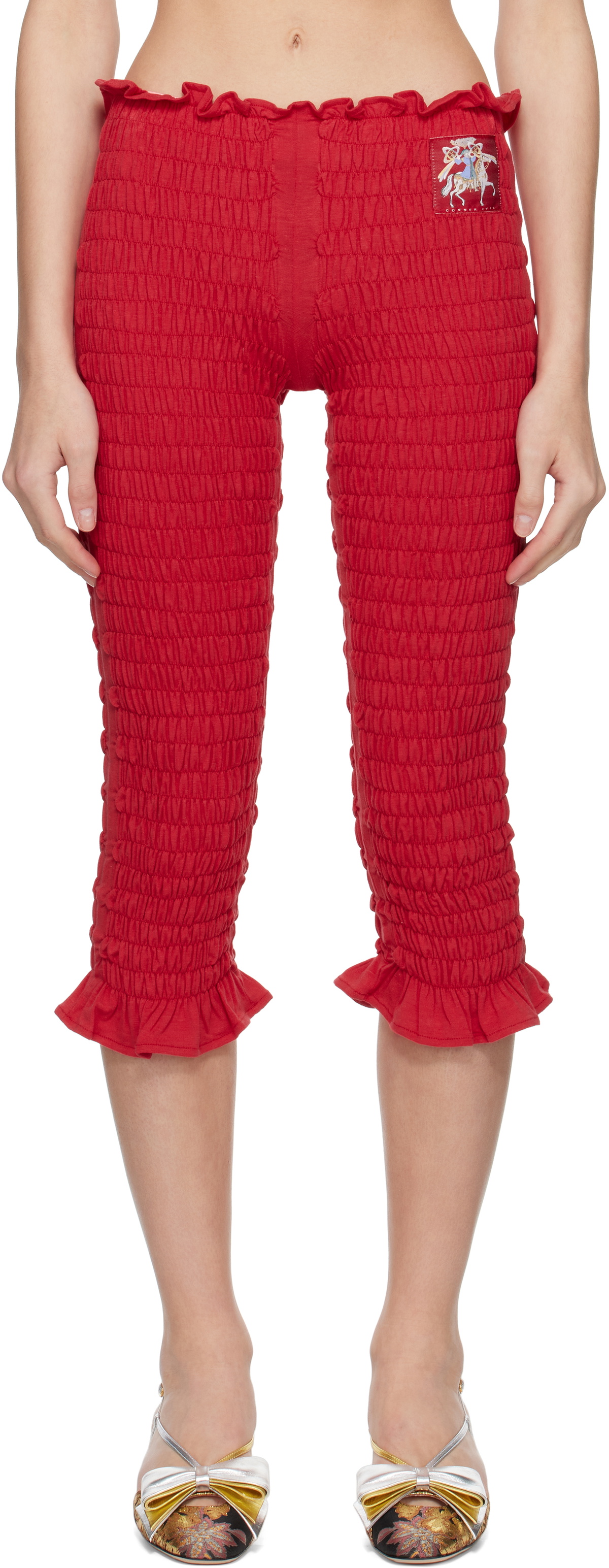Conner Ives Red Shirred Capri Trousers