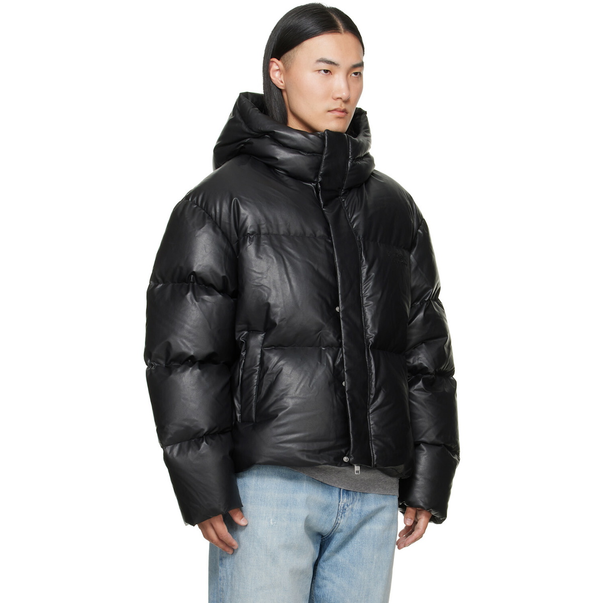 MM6 Maison Margiela Black Faux-Leather Hooded Puffer Down Jacket