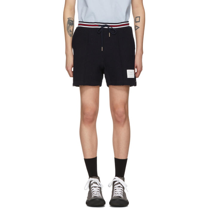 Photo: Thom Browne Navy Basket Stitch Pin Tuck Shorts