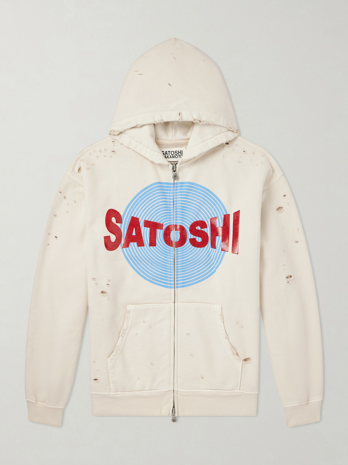 Satoshi Nakamoto - Motoslug Logo-Print Distressed Cotton-Jersey Hoodie - White