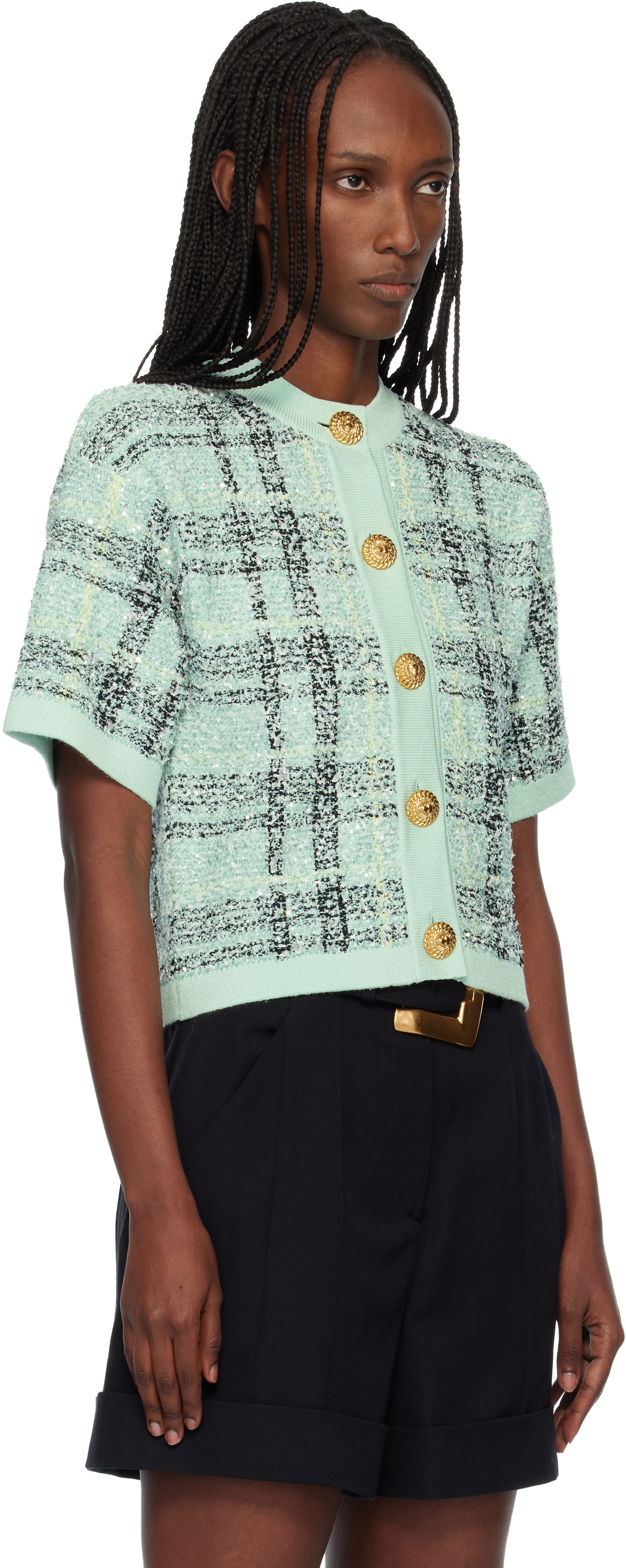 BALMAIN Green Buttoned Shiny Light Tweed Cardigan